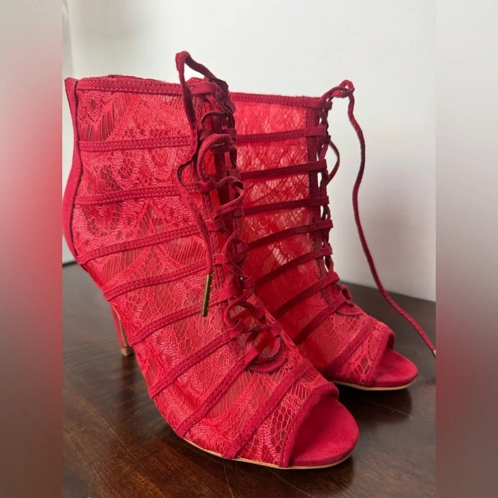 JustFab Red Lace Up Stiletto Heels, US Size 8.5